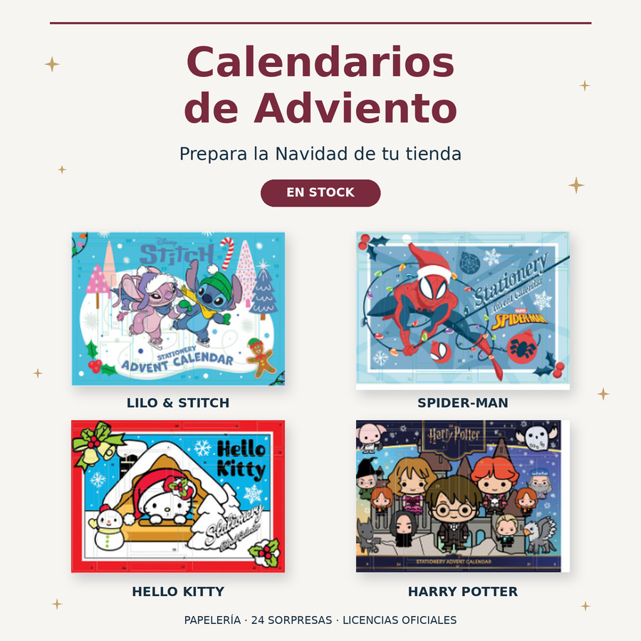 Calendarios de Adviento de papelería Pyramid de Lilo & Stitch, Spider-Man, Hello Kitty y Harry Potter para tiendas.