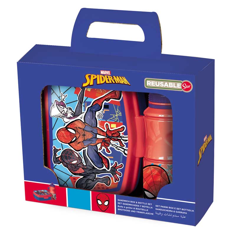 SPIDERMAN - BOTELLA 380 ML + SANDWICHERA RECTANGULAR MOB RULES EN CAJA REGALO